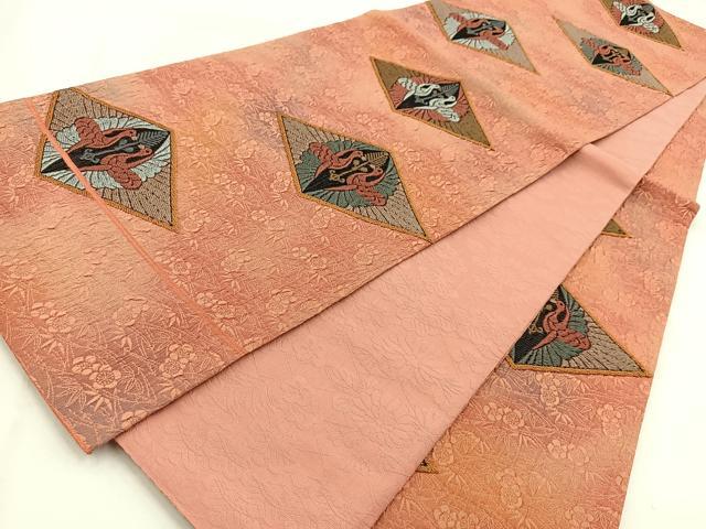 平和屋着物◎六通柄袋帯　唐織　ふくれ織　双鶴花文　正絹　逸品　BAAW8728yc