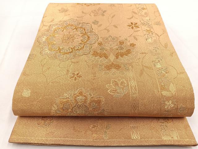 平和屋着物◎六通柄袋帯　正倉院花蝶文　金糸　正絹　逸品　BAAW8730yc