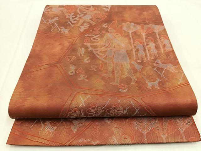 平和屋着物◎六通柄袋帯　切嵌壁画文様　金糸　引箔　正絹　逸品　BAAW8733yc