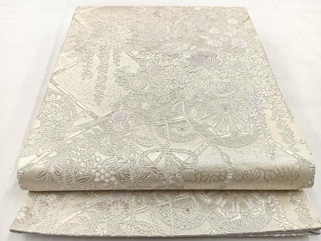 平和屋着物◎六通柄袋帯　唐織　吉祥格天井花車文　銀糸　正絹　逸品　BAAW8735yc