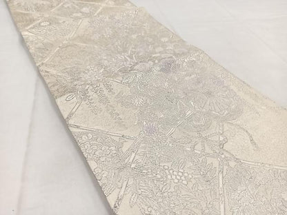 平和屋着物◎六通柄袋帯　唐織　吉祥格天井花車文　銀糸　正絹　逸品　BAAW8735yc