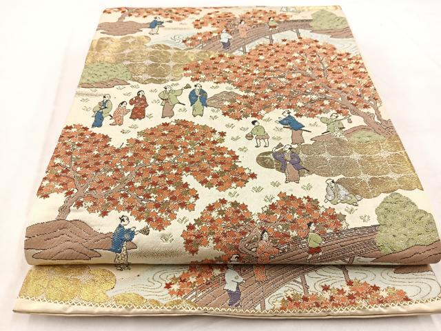 平和屋着物◎六通柄袋帯　唐織　平安人物風景文　金銀糸　正絹　逸品　BAAW8738yc