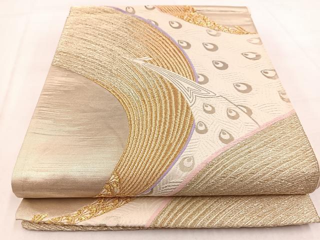 平和屋着物◎六通柄袋帯　唐織　孔雀　金糸　正絹　逸品　BAAW8741yc