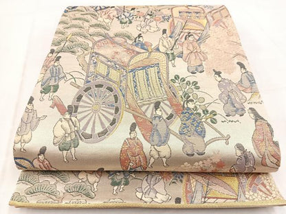 平和屋着物◎六通柄袋帯　桜下遊絵巻柄　金糸　正絹　逸品　BAAW8743yc