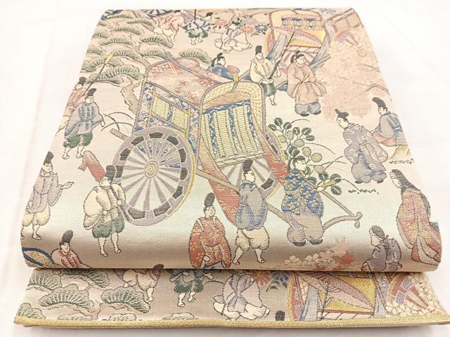 平和屋着物◎六通柄袋帯　桜下遊絵巻柄　金糸　正絹　逸品　BAAW8743yc