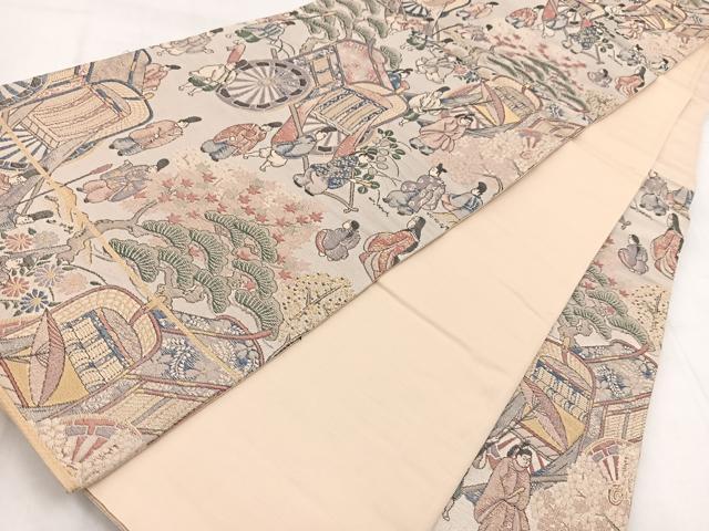 平和屋着物◎六通柄袋帯　桜下遊絵巻柄　金糸　正絹　逸品　BAAW8743yc