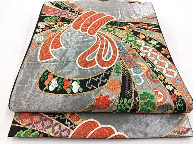 平和屋着物◎六通柄袋帯　唐織　鳳凰束ね熨斗花文　黒地　金銀糸　正絹　逸品　BAAW8747yc