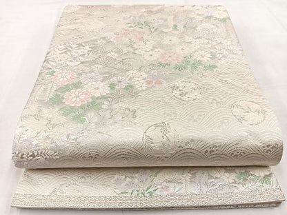 平和屋着物◎六通柄袋帯　唐織　立波花文　銀糸　正絹　逸品　BAAW8751yc
