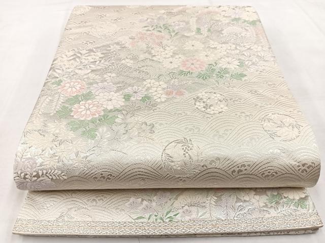 平和屋着物◎六通柄袋帯　唐織　立波花文　銀糸　正絹　逸品　BAAW8751yc