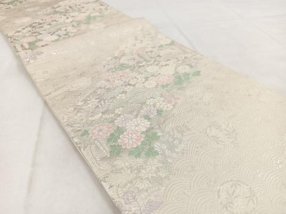 平和屋着物◎六通柄袋帯　唐織　立波花文　銀糸　正絹　逸品　BAAW8751yc