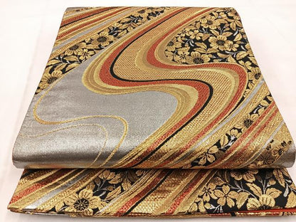 平和屋着物◎六通柄袋帯　流水花文　金銀糸　正絹　逸品　BAAW8752yc
