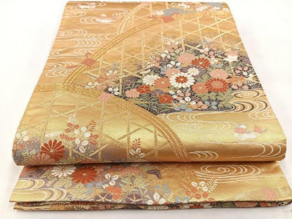 平和屋着物◎六通柄袋帯　唐織　籬流水花鳥文　金糸　正絹　逸品　BAAW8753yc