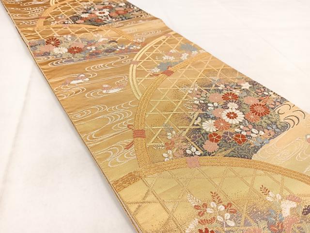 平和屋着物◎六通柄袋帯　唐織　籬流水花鳥文　金糸　正絹　逸品　BAAW8753yc
