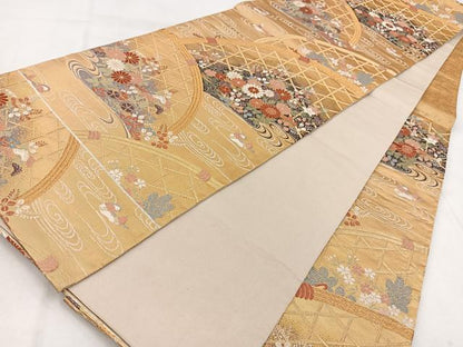 平和屋着物◎六通柄袋帯　唐織　籬流水花鳥文　金糸　正絹　逸品　BAAW8753yc