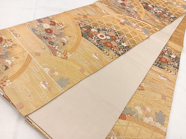 平和屋着物◎六通柄袋帯　唐織　籬流水花鳥文　金糸　正絹　逸品　BAAW8753yc