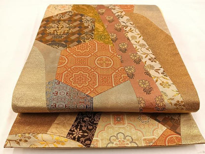 平和屋着物◎六通柄袋帯　切嵌　更紗花鳥文　金糸　正絹　逸品　BAAW8754yc