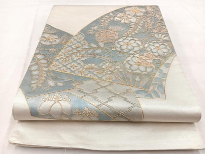 平和屋着物◎太鼓柄袋帯　駒刺繍　地紙花文　正絹　逸品　BAAW8756yc