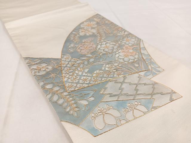 平和屋着物◎太鼓柄袋帯　駒刺繍　地紙花文　正絹　逸品　BAAW8756yc