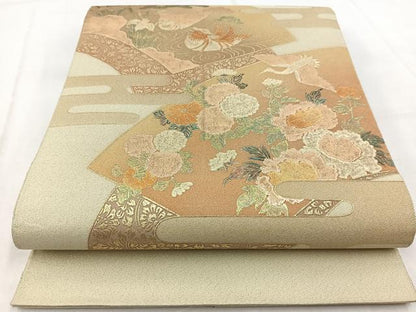 平和屋着物◎太鼓柄袋帯　綴れ　地紙花鳥文　金彩　正絹　逸品　BAAW8757yc