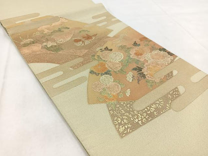 平和屋着物◎太鼓柄袋帯　綴れ　地紙花鳥文　金彩　正絹　逸品　BAAW8757yc