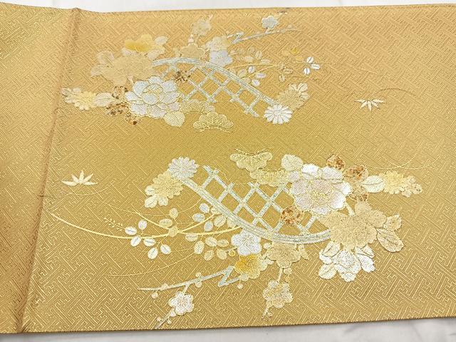 平和屋着物◎西陣　太鼓柄袋帯　御所車花文　金銀彩　証紙付き　正絹　逸品　未使用　BAAW8759yc