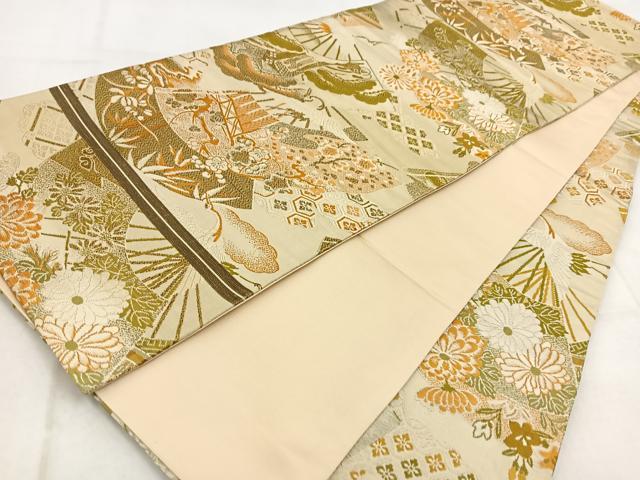 平和屋着物◎全通柄　京袋帯　引き抜き帯　唐織　飛鶴扇面花文　正絹　逸品　BAAW8766yc