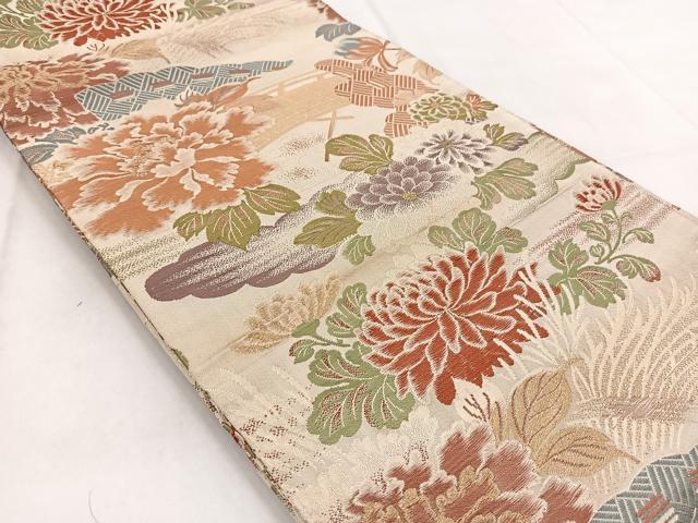 平和屋着物◎アンティーク　大正ロマン　丸帯　渡り橋花文　金糸　正絹　逸品　BAAW8767yc