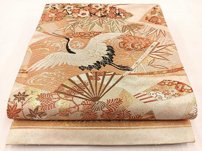 平和屋着物◎アンティーク　大正ロマン　丸帯　唐織　扇面花鳥文　金糸　正絹　逸品　BAAW8768yc