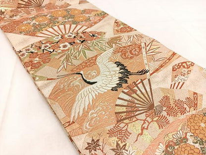 平和屋着物◎アンティーク　大正ロマン　丸帯　唐織　扇面花鳥文　金糸　正絹　逸品　BAAW8768yc