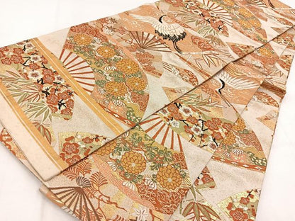 平和屋着物◎アンティーク　大正ロマン　丸帯　唐織　扇面花鳥文　金糸　正絹　逸品　BAAW8768yc