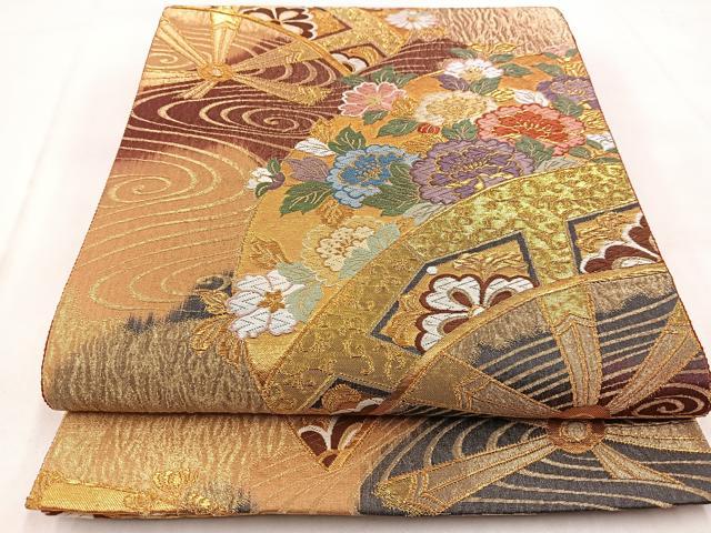 平和屋着物◎六通柄袋帯　唐織　片輪車花文　金糸　正絹　逸品　BAAW8773yc