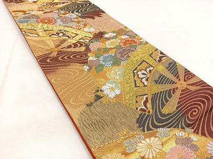 平和屋着物◎六通柄袋帯　唐織　片輪車花文　金糸　正絹　逸品　BAAW8773yc