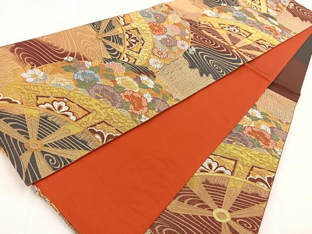 平和屋着物◎六通柄袋帯　唐織　片輪車花文　金糸　正絹　逸品　BAAW8773yc