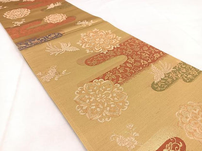 平和屋着物◎六通柄袋帯　鳳凰エ霞更紗花文　金糸　正絹　逸品　未使用　BAAW8774yc