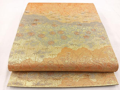 平和屋着物◎六通柄袋帯　横段草花文　金糸　正絹　逸品　未使用　BAAW8776yc