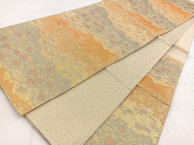 平和屋着物◎六通柄袋帯　横段草花文　金糸　正絹　逸品　未使用　BAAW8776yc