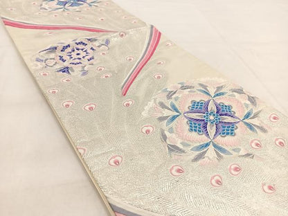 平和屋着物◎六通柄袋帯　唐織　九百錦　孔雀羽更紗花文　銀糸　正絹　逸品　BAAW8814yc