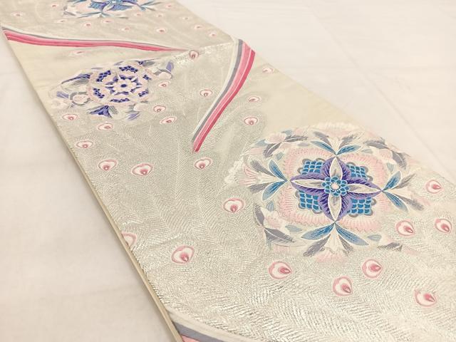 平和屋着物◎六通柄袋帯　唐織　九百錦　孔雀羽更紗花文　銀糸　正絹　逸品　BAAW8814yc