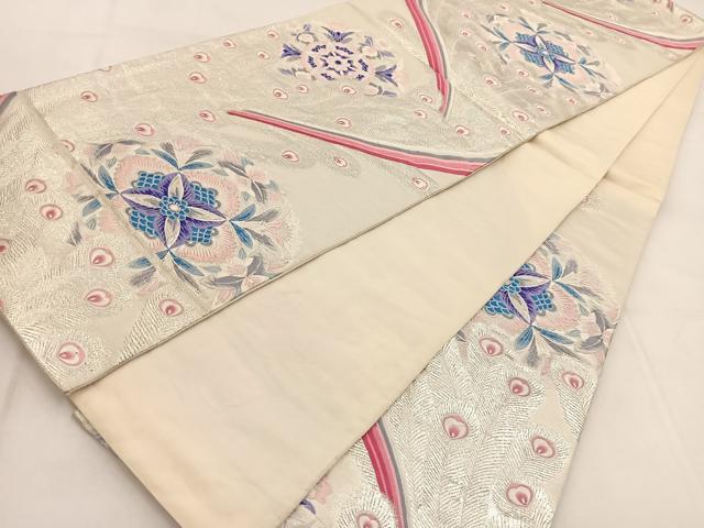平和屋着物◎六通柄袋帯　唐織　九百錦　孔雀羽更紗花文　銀糸　正絹　逸品　BAAW8814yc