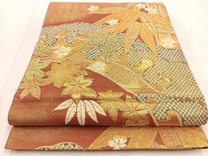 平和屋着物◎六通柄袋帯　唐織　吉祥草花文　金糸　正絹　逸品　BAAW8816yc