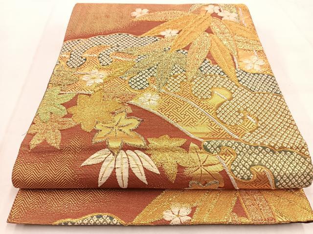 平和屋着物◎六通柄袋帯　唐織　吉祥草花文　金糸　正絹　逸品　BAAW8816yc