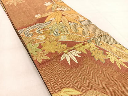 平和屋着物◎六通柄袋帯　唐織　吉祥草花文　金糸　正絹　逸品　BAAW8816yc
