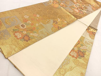 平和屋着物◎六通柄袋帯 風景花丸文 金銀糸 正絹 逸品 BAAW8817yc