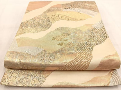 平和屋着物◎六通柄袋帯 道長花文 金銀糸 正絹 逸品 BAAW8821yc
