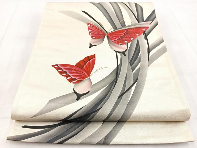平和屋着物◎太鼓柄袋帯　舞蝶文　金銀彩　引箔　正絹　逸品　BAAW8845yc