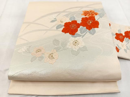 平和屋着物◎九寸名古屋帯 唐織 流水花文 金銀糸 正絹 逸品 BAAW8846yc