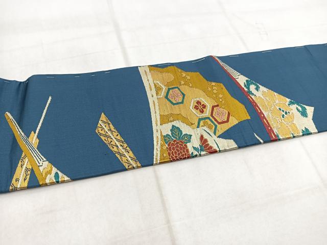 平和屋着物◎アンティーク 大正ロマン 九寸名古屋帯 唐織 扇花文 金糸 正絹 逸品 BAAW8849yc
