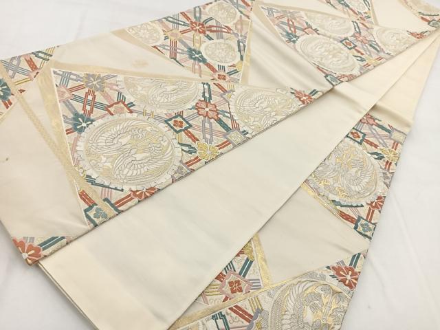 平和屋着物◎六通柄袋帯　唐織　幾何学花鳥文　金銀糸　正絹　逸品　BAAW8856yc