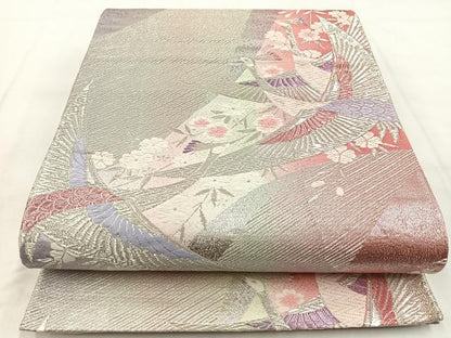 平和屋着物◎六通柄袋帯 唐織 孔雀花文 銀糸 正絹 逸品 BAAW8858yc