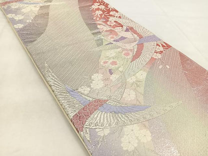 平和屋着物◎六通柄袋帯 唐織 孔雀花文 銀糸 正絹 逸品 BAAW8858yc